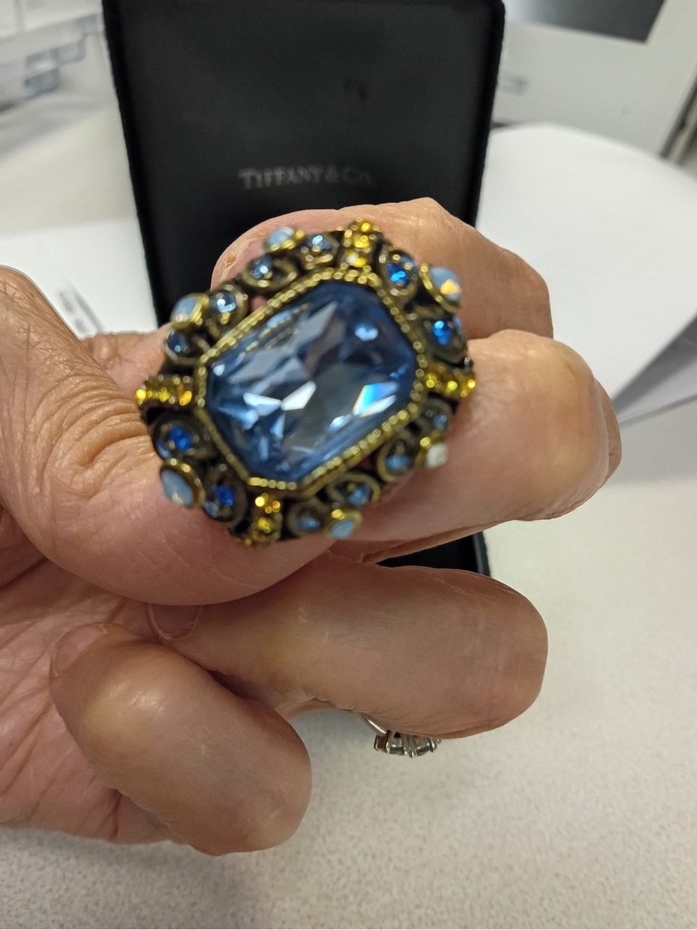 Heidi Daus Gold-Tone Ring with Large Blue Center Crystal